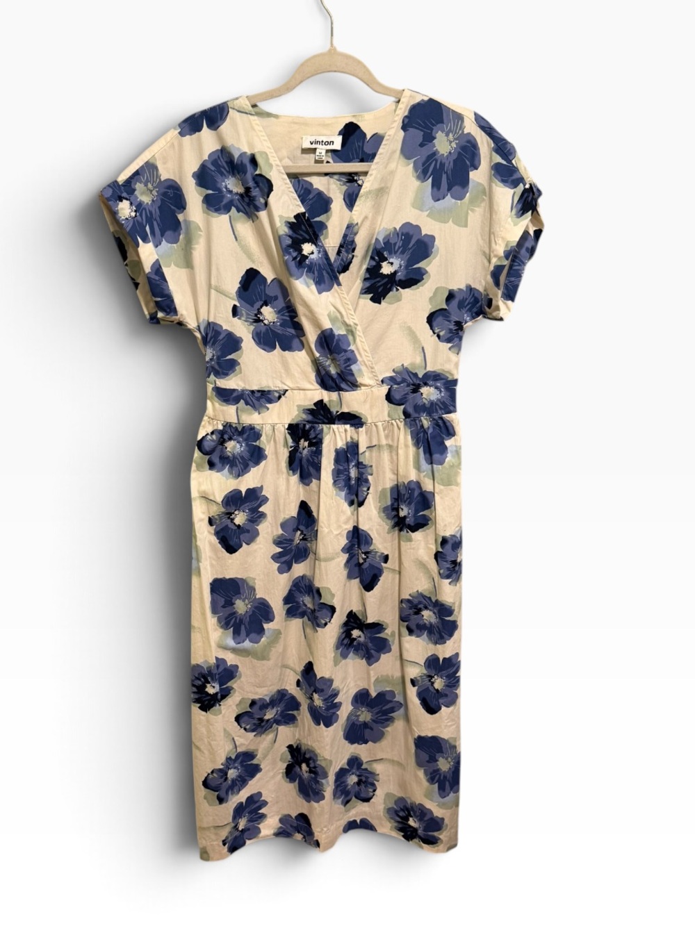 Vinton Cream Blue Floral Wrap Front Dress Cotton Short Sleeve Size M